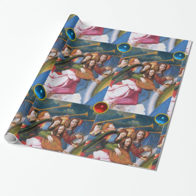 MUSICAL CHRISTMAS ANGELS WITH RED BLUE GEMSTONES WRAPPING PAPER (Unrolled)