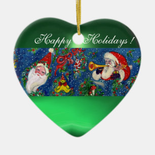MUSICAL CHRISTMAS NIGHT SANTA BUGLER Green Heart Ceramic Tree Decoration