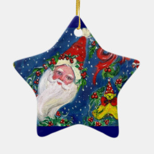 MUSICAL CHRISTMAS NIGHT SANTA CLAUS PORTRAIT Star Ceramic Tree Decoration