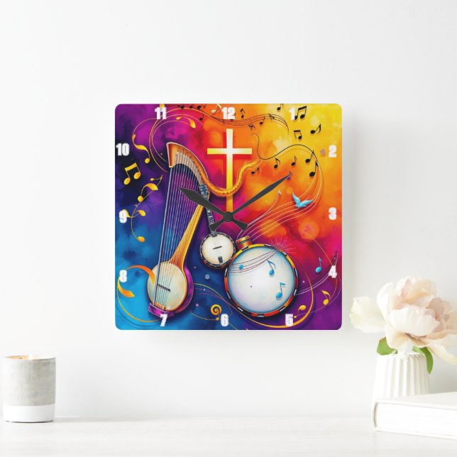 Musical Cross Colourful Abstract Harp Banjo Drum Square Wall Clock (Home)