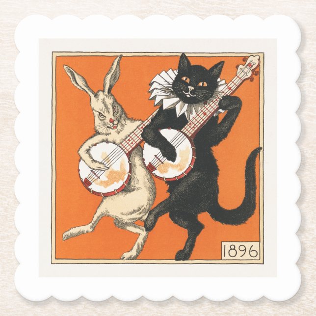 Musical Dancing Rabbit and Cat  Paper Coaster (Front)