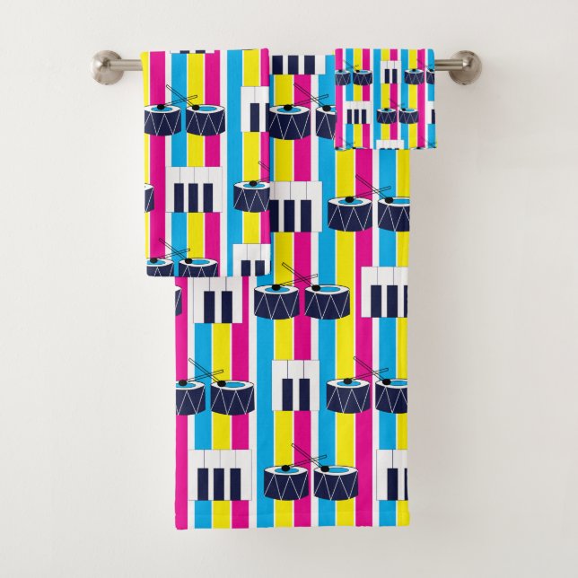Musical Drums Piano Keys Colourful Stripes  Bath Towel Set (Insitu)