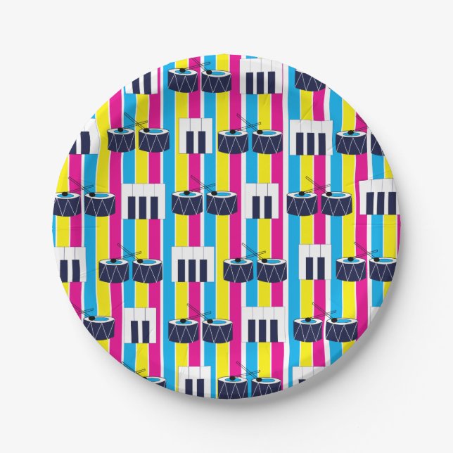Musical Drums Piano Keys Retro Party Paper Plate (Front)