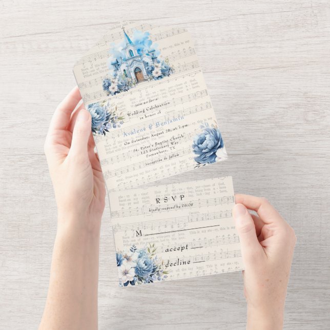 Musical Dusty Blue Peony Church Wedding All In One Invitation (Tearaway)