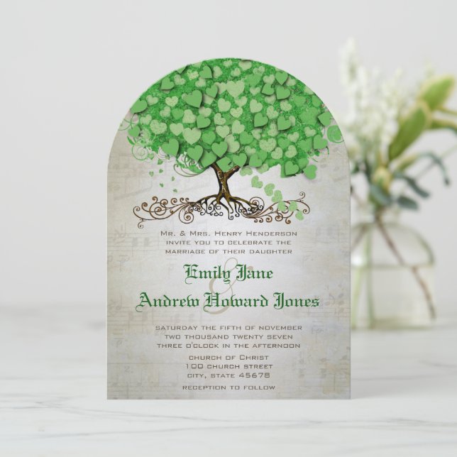 Musical Emerald Heart Leaf Tree Wedding Invites (Standing Front)