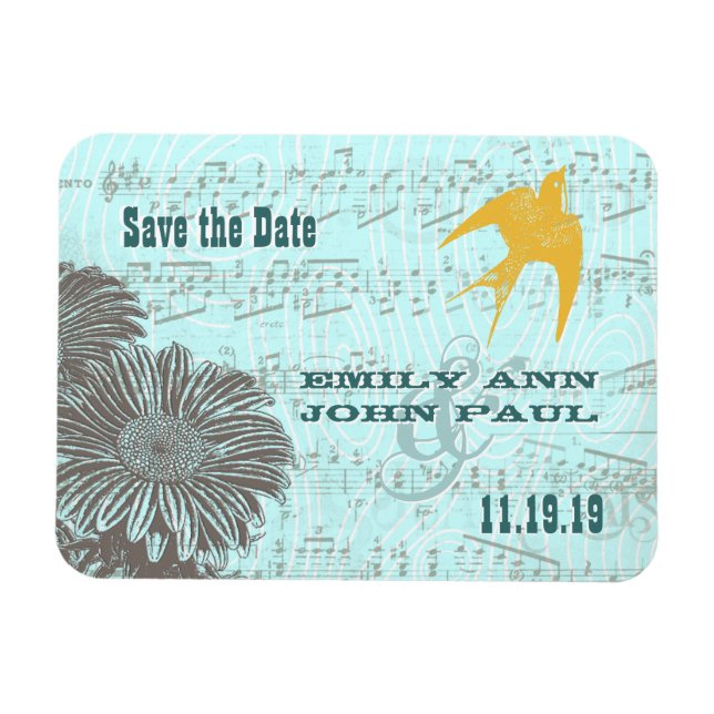 Musical Gerber Daisy Gold Love Bird Save the Date Magnet (Horizontal)