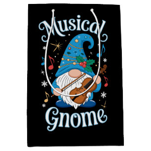 Musical Gnome Christmas Violin Holly Snowflakes Medium Gift Bag