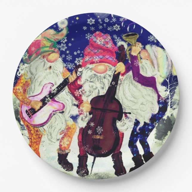 Musical Gnomes Christmas Paper Plates (Front)
