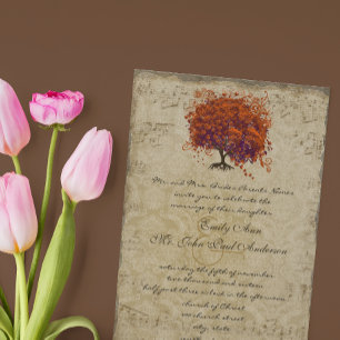 Musical Gold Dark Coral Heart Tree Wedding Invite