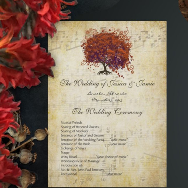 Musical Gold Dark Coral Heart Tree Wedding Program Programme (Creator Uploaded)