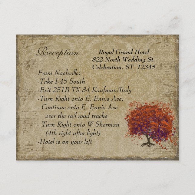 Musical Gold Dark Orange Plum Heart Leaf Tree Enclosure Card (Front)