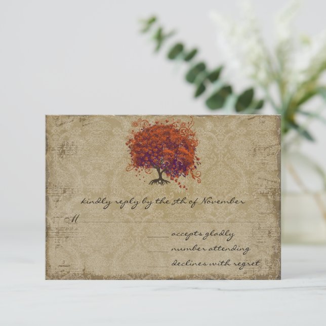 Musical Gold Dark Orange Plum Heart Leaf Tree RSVP Card (Standing Front)