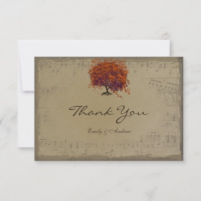 Musical Gold Dark Orange Plum Heart Leaf Tree Thank You Card (Front)