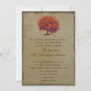 Musical Gold Firery Red Heart Tree Wedding Invitation