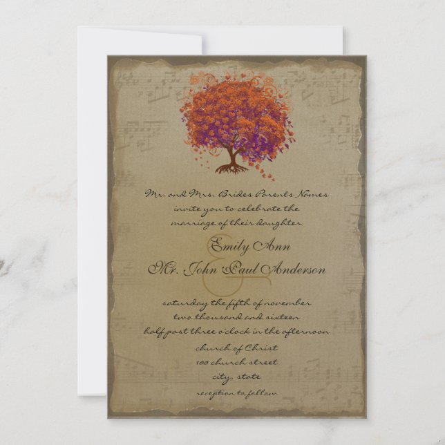 Musical Gold Firery Red Heart Tree Wedding  Invitation (Front)