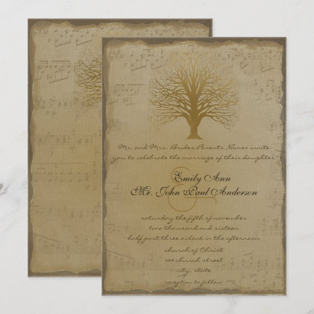 Musical Gold Love Tree Wedding Invitation (Front/Back)