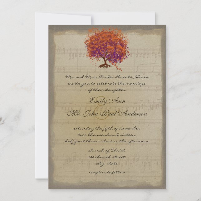 Musical Gold Orange Plum Heart Leaf Tree Weddings Invitation (Front)