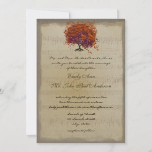 Musical Gold Orange Plum Heart Leaf Tree Weddings Invitation
