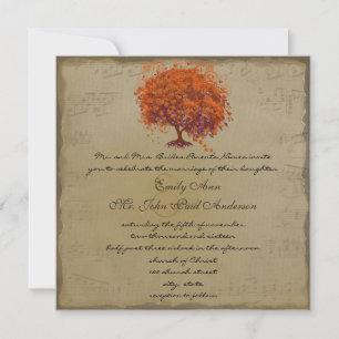Musical Gold Orange Plum Heart Leaf Tree Weddings Invitation