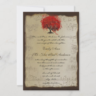 Musical Gold Orange Plum Heart Leaf Tree Weddings Invitation