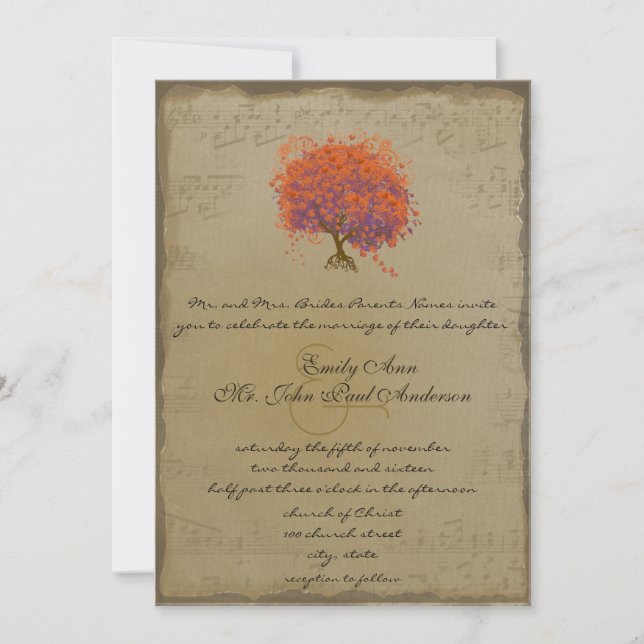 Musical Gold Orange Plum Heart Leaf Tree Weddings Invitation (Front)