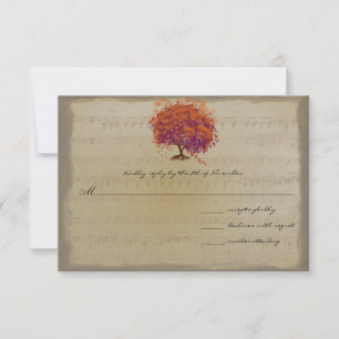 Musical Gold Orange Plum Heart Leaf Tree Weddings RSVP Card