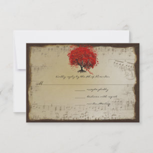 Musical Gold Orange Plum Heart Leaf Tree Weddings RSVP Card