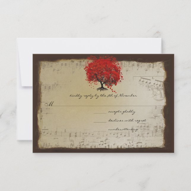 Musical Gold Orange Plum Heart Leaf Tree Weddings RSVP Card (Front)