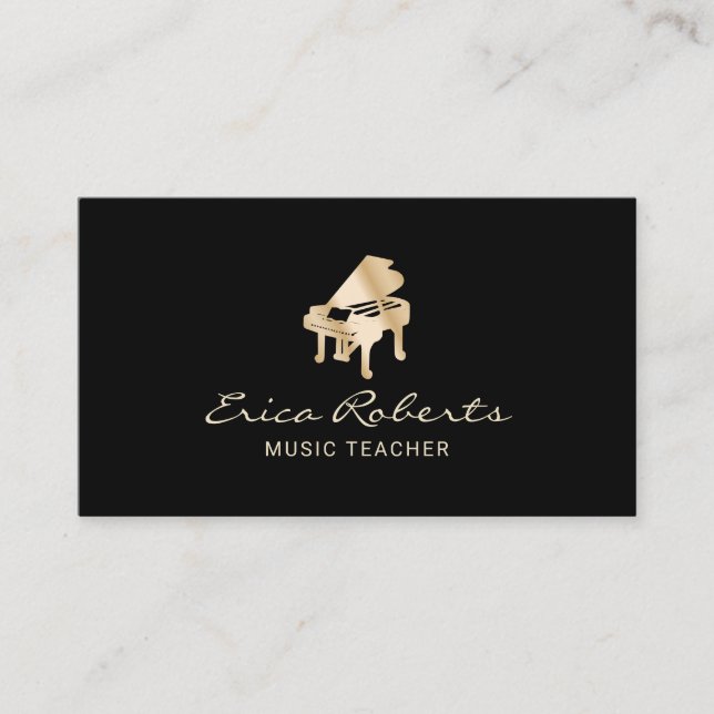 Musical Gold Piano Logo Plain Black Music Business Card (Front)