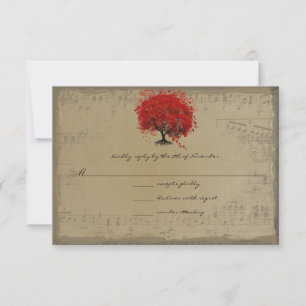 Musical Gold Red Heart Leaf Tree RSVP Card