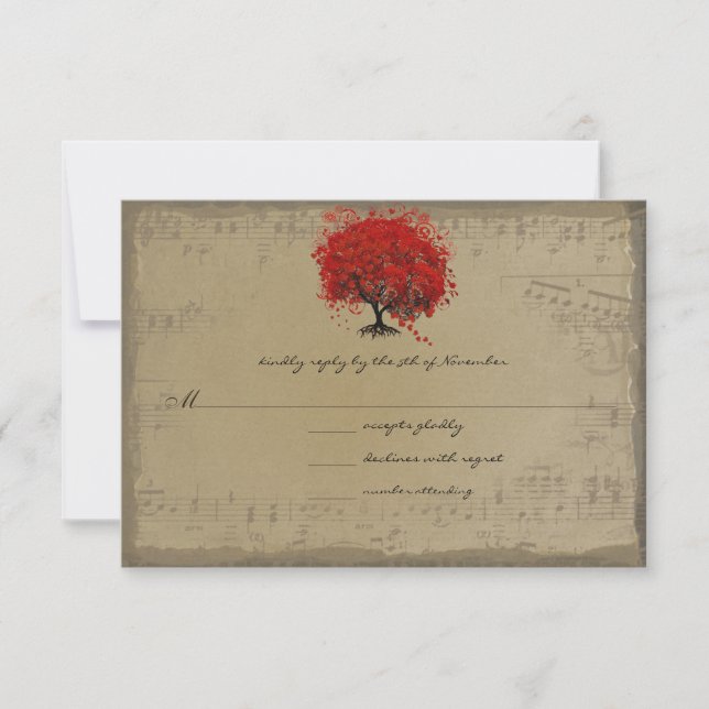Musical Gold Red Heart Leaf Tree RSVP Card (Front)