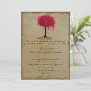 Musical Gold Red Heart Leaf Tree Wedding Invite