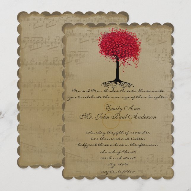 Musical Gold Red Heart Leaf Tree Wedding Invite (Front/Back)