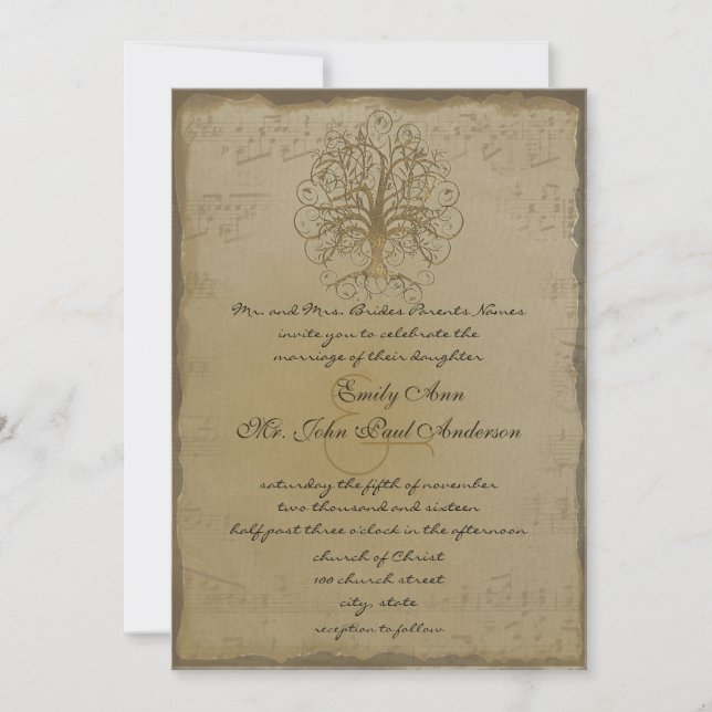 Musical Gold Swirl Tree Wedding Invitation (Front)