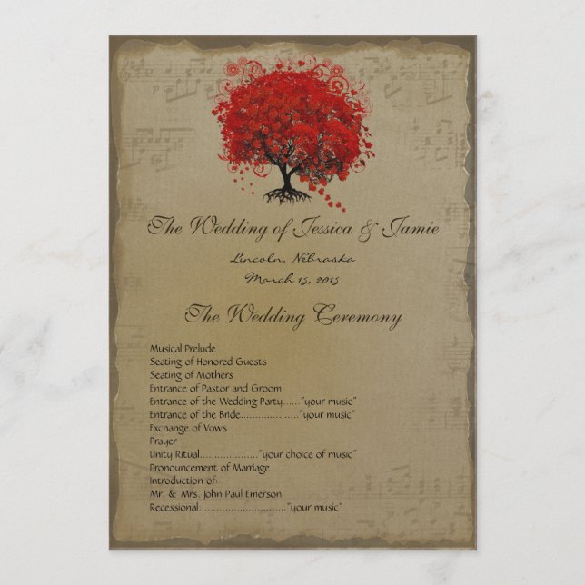 Musical GoldRed Heart Tree Wedding Program Programme (Front)