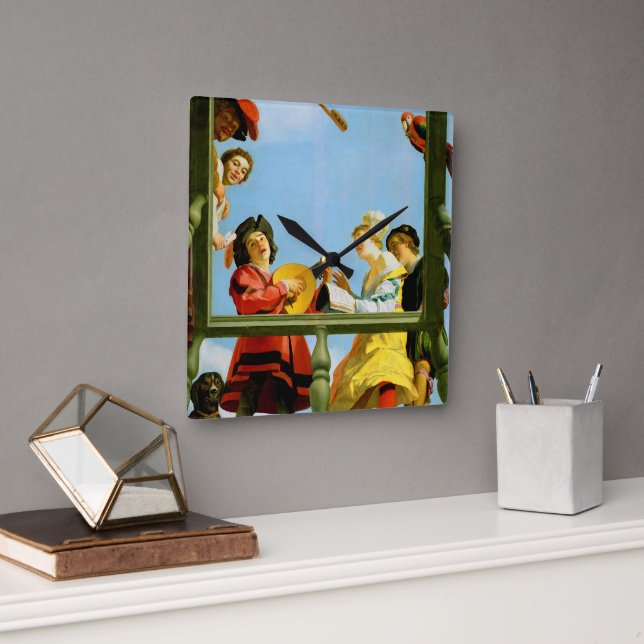 Musical Group on Balcony Fine Art Dutch Painting Square Wall Clock (Office)
