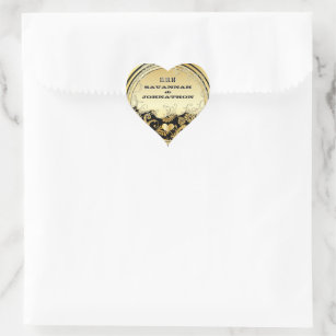 Musical Heart Black & Gold Vintage Damask Weddings Heart Sticker