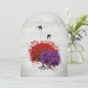Musical Heart Leaf Red Purple Tree Birds Wedding Invitation
