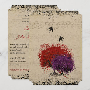 Musical Heart Leaf Red Tree Vintage Birds Wedding Invitation