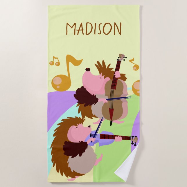 Musical Hedgehogs custom name beach towel (Front)
