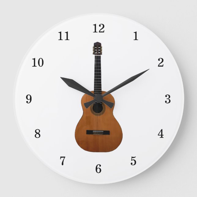 Musical Instrument Acoustic Guitar Black White Large Clock (Front)