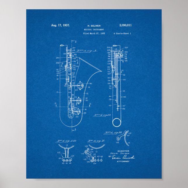 Musical Instrument Patent - Blueprint Poster (Front)