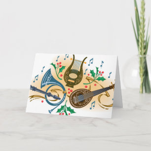 Musical instruments and holly holiday card