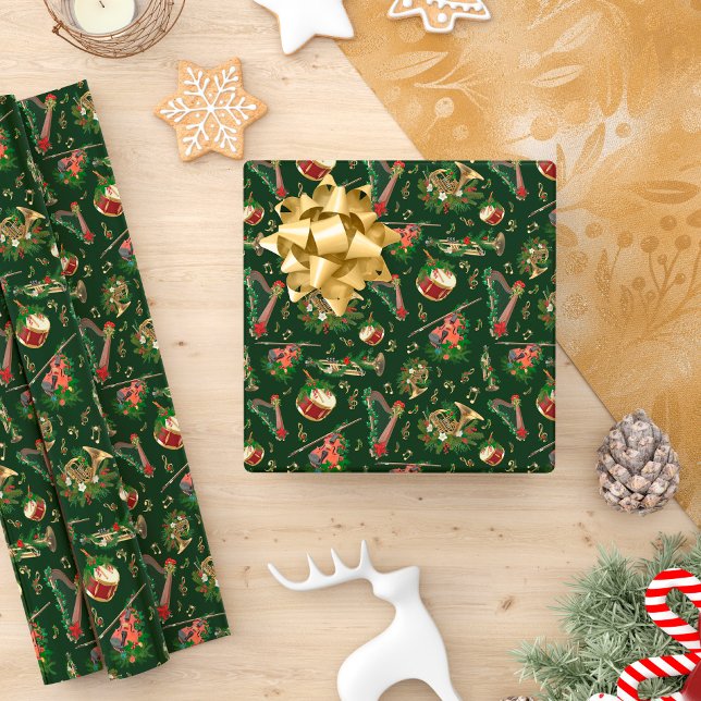 Musical Instruments Christmas Pattern Dark Green Wrapping Paper (Creator Uploaded)