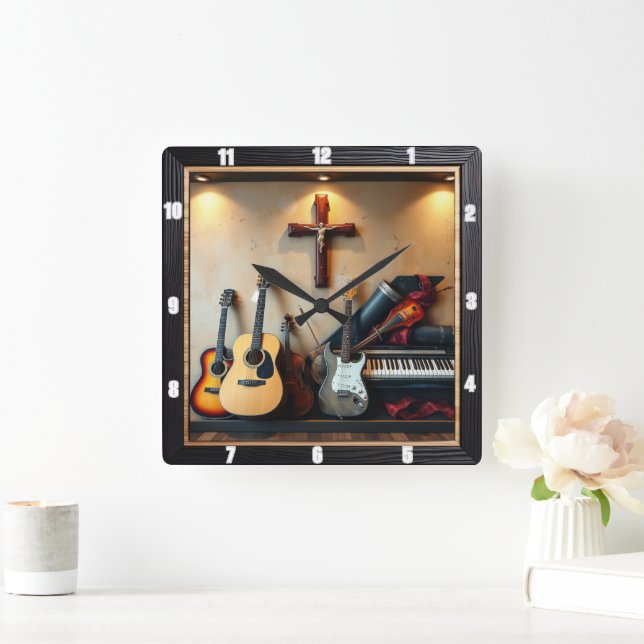 Musical Instruments Cross Shadow Box Square Wall Clock (Home)