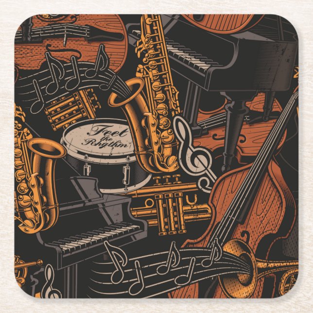 Musical Instruments Everywhere Square Paper Coaster (Front)