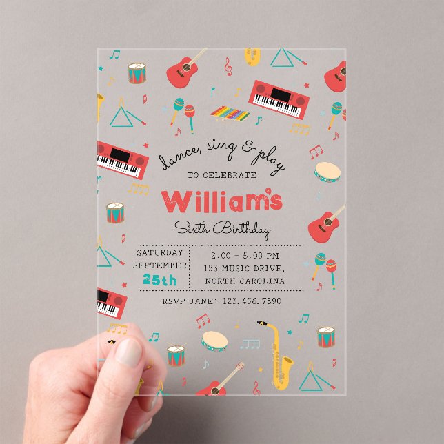 Musical Instruments Music Theme Birthday Party Acrylic Invitations (Insitu (Handheld))