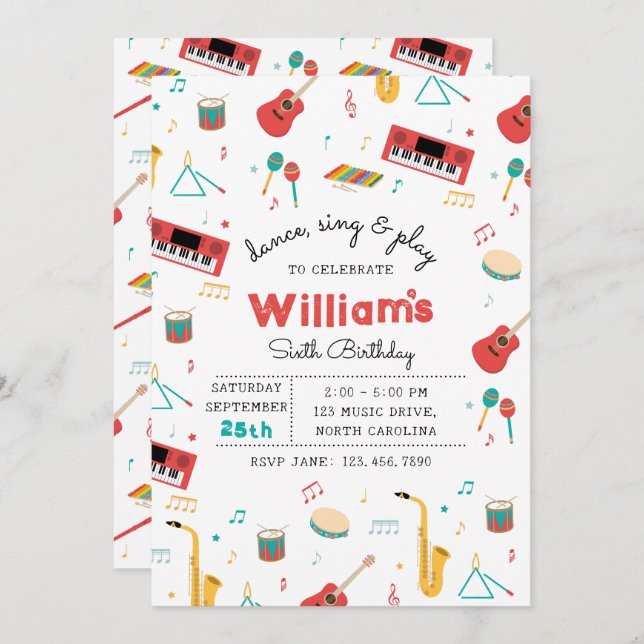 Musical Instruments Music Theme Birthday Party Invitation (Front/Back)