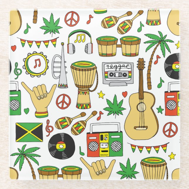 Musical Instruments: Reggae Seamless Background Glass Coaster (Front)