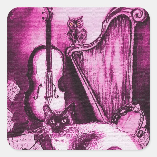 MUSICAL MAKING CAT AND OWL Pink Purple White Square Sticker (Front)